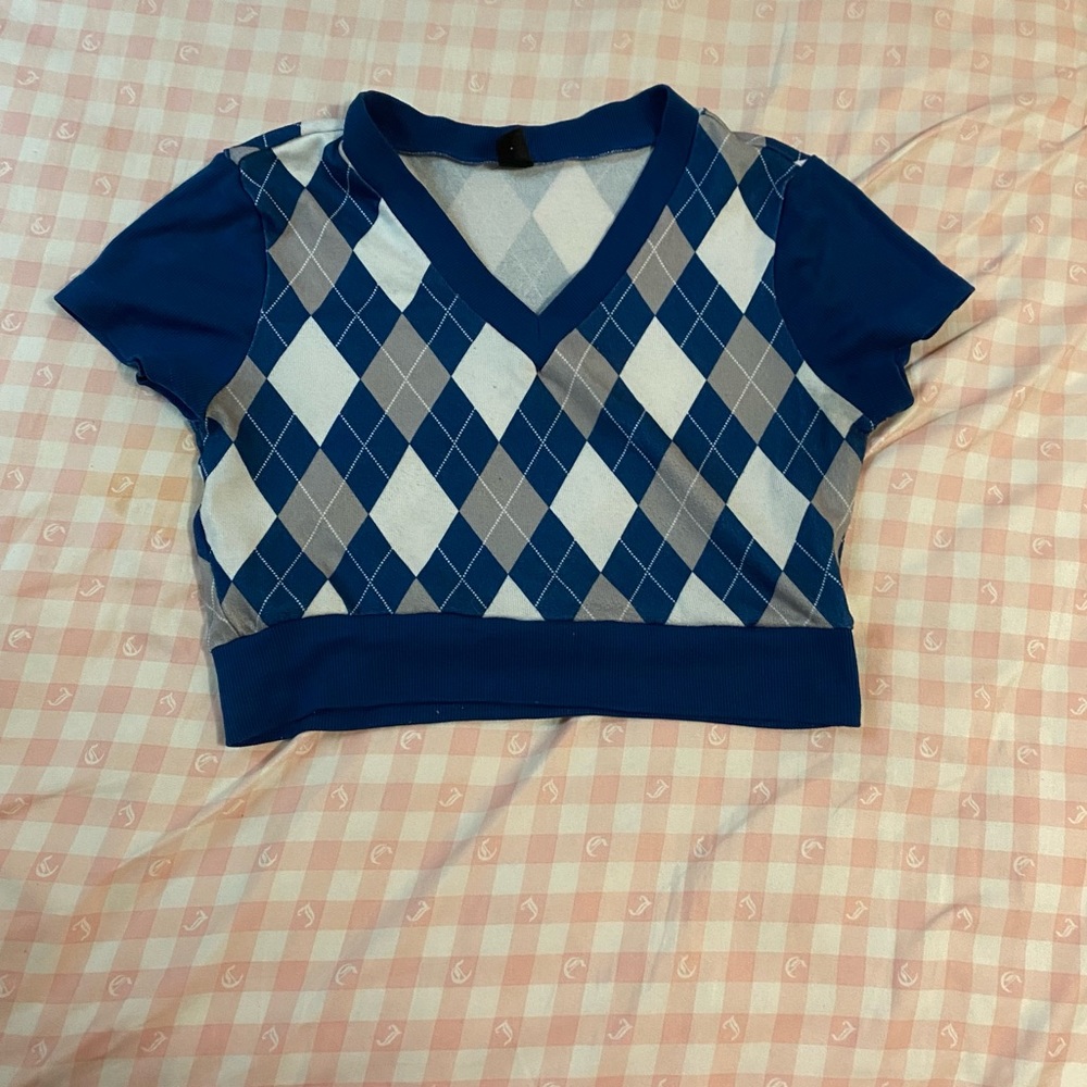 SHEIN womens V neck argyle print tee blue white gray size small
